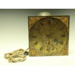 A George III longcase clock movement, 12in (31cm) square brass dial with cast brass spandrels,