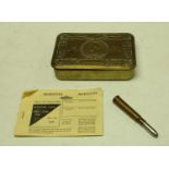 A WWI brass Christmas tin with Christmas Card From Princess Mary, Ration book and bullet pencil,