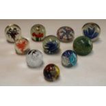 A glass Mdina paperweight; others millefiori; butterflies; fish; birds; bees;