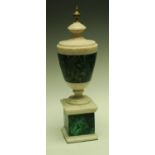 A Neoclassical style malachite and white marble urn, fluted finial, square base, 42.