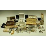 Costume Jewellery - brooches, clip earrings, a Parker pen set, boxed; a set of opera glasses,