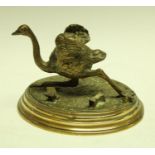 A 19th century French bronze animalier novelty inkwell, cast as an ostrich, hinged cover, oval base,