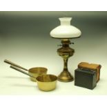 Boxes and Objects - a brass oil lamp and shade; two jam pans;