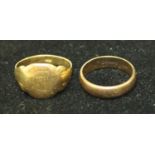 An 18ct gold signet ring, 5.3g; a 9ct gold wedding band, 2.