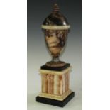 A Neo-Classical design Derbyshire Blue John, alabaster and fluorspar ovoid urn, quartz knop finial,