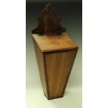 A George III mahogany crossbanded oak candle or knife box, shaped and pierced cresting,