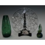 A cut glass leaf plaque on stand; a Mdina paperweight; an Art Glass teardrop vase,