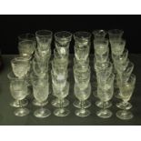 Cordial and wine glasses, various, acid etched, cut, trumpet, bucket shaped,