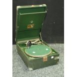 An HMV portable windup gramophone,