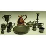 Metal Ware - a copper hay stack measurer; pewter candlesticks; mugs;