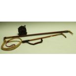 A Malacca riding crop, carved horn handle, silver metal basket weave collar,