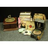 An HMV hornless gramophone; a Decca portable gramophone; selection of 78s and other vinyl records;