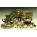 Plated Ware - a silver plated footed tray; two cake baskets; two entree dishes; a candelabra;