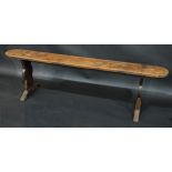 A 19th century Country House elm hall bench, slender discorectangular top, sledge base, 164.