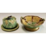 A Staffordshire majolica dish and stand, as a lily, bird finial, c.