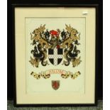 Heraldry - a watercolour armorial, the heraldic achievement of Hallam, 35cm x 27.