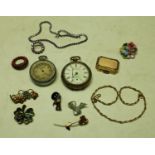 Costume Jewellery - a coral brooch; a silver plated pocket watch; a pocket thermometer,