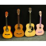 An acoustic guitar, Falcon FG100N; others, a pink guitar,