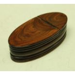 A George III oval treen snuff box with hinged lid 9cm long circa 1800