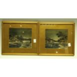 A pair of Japanese painted silks, riverscapes,