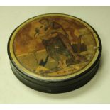 A 19th century papier mache circular snuff box, the push on cover applied with a biblical figure,