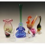 A Murano glass duck, cockerel, basket,