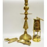 Brassware - an Eccles no 6 miner's safety lamp; a candle stick;nut cracker;