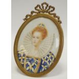 A well executed portrait miniature of a young Elizabeth I in decorative ribbOn tied gilt metal oval