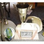 An Art Deco marble mantel clock; an Art Deco two handled trophy cup; a Shelley plate;