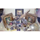 Boxes & Objects - Military patches; cap gun; pewter hipflask; a pair of silver spoons;