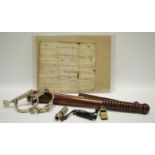 A Victorian Policeman's truncheon, Metropolitan Police good conduct certificate to Samuel Ulyatt,