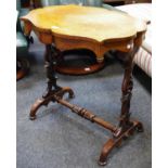 A Victorian occasional table, bid's eye maple cartouche shaped top, shaped frieze,