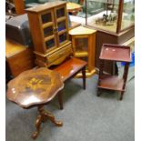 An Italian marquetry style coffee table; a small corner display cabinet; a small oak cabinet;