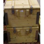 A pair of metal bound pine industrial storage boxes (metal swing handles for fitting). 40.