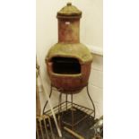 Garden Salvage - A substantial three section terracotta chimnea / BBQ on wrought iron stand