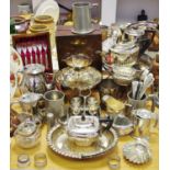 Silverplate - Victorian pedestal dish; teapots; condiment set; Victorian work box; coffee pot;