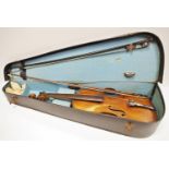 A 19th century Hopf violin decorative mother of pearl flower inlay, cased,