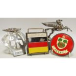 Motoring interest - a Mobil Gas style Pegasus metal bonnet figure; AA badge; Deutschland car badge;