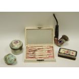 A late Victorian cased lady's sewing set, turned bone handles including bodkin case, button hook,