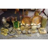 Brass and copper dishes, candle sticks, kettle etc.