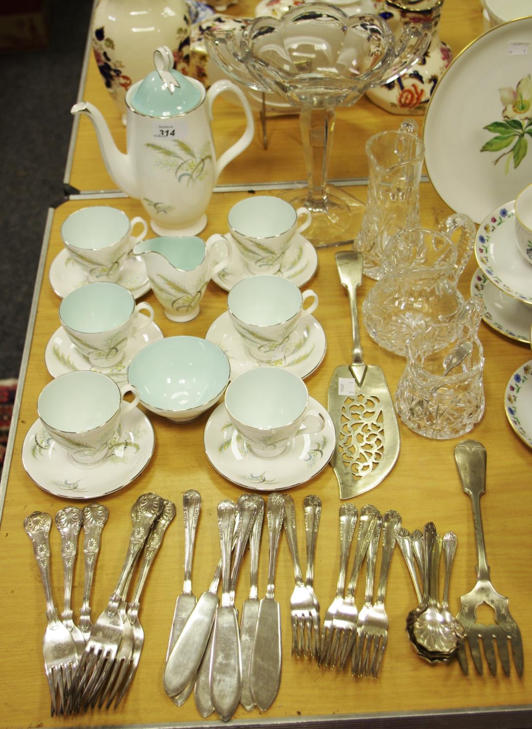 A Royal Albert Festival pattern coffee set for six; a pedestal clear glass two handled bon-bon dish,