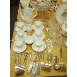 A Royal Albert Festival pattern coffee set for six; a pedestal clear glass two handled bon-bon dish,