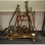 Tools - a Victorian seed drill; others, similar, clay spade, dock puller, dock lifter, turf spades,