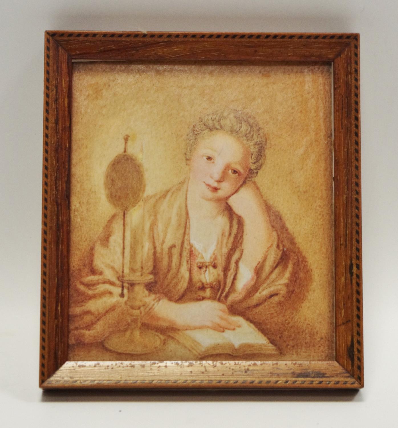 A 19th century portrait miniature in sepia hues of an elegant lady at leisure,