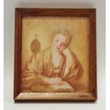 A 19th century portrait miniature in sepia hues of an elegant lady at leisure,
