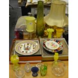 Ceramics and glass - a tall yellow glass goblet; mottled yellow glass; a Gaius plate;