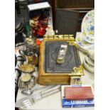 A EPBM teapot; a plated mug; fish servers; silver backed clothes brush; a Holy Bible; a tea block;