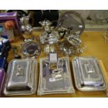 Plated ware - a three piece tea set; coffee pot; entree dishes, salver, EPBM horn handles water jug,