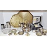 Metalware - tankards; an octagonal Persian brass charger; another, smaller; christening beaker, c.