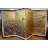 A Japanese four fold screen, the panels painted with birds in flight and foliate branches,